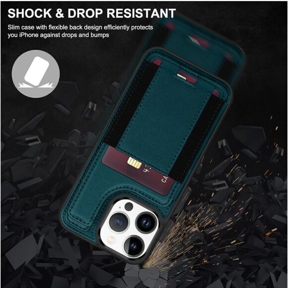 Green iPhone 15 Pro Leather Wallet Case RFID Blocking Magnetic Closure - Picture 2 of 5